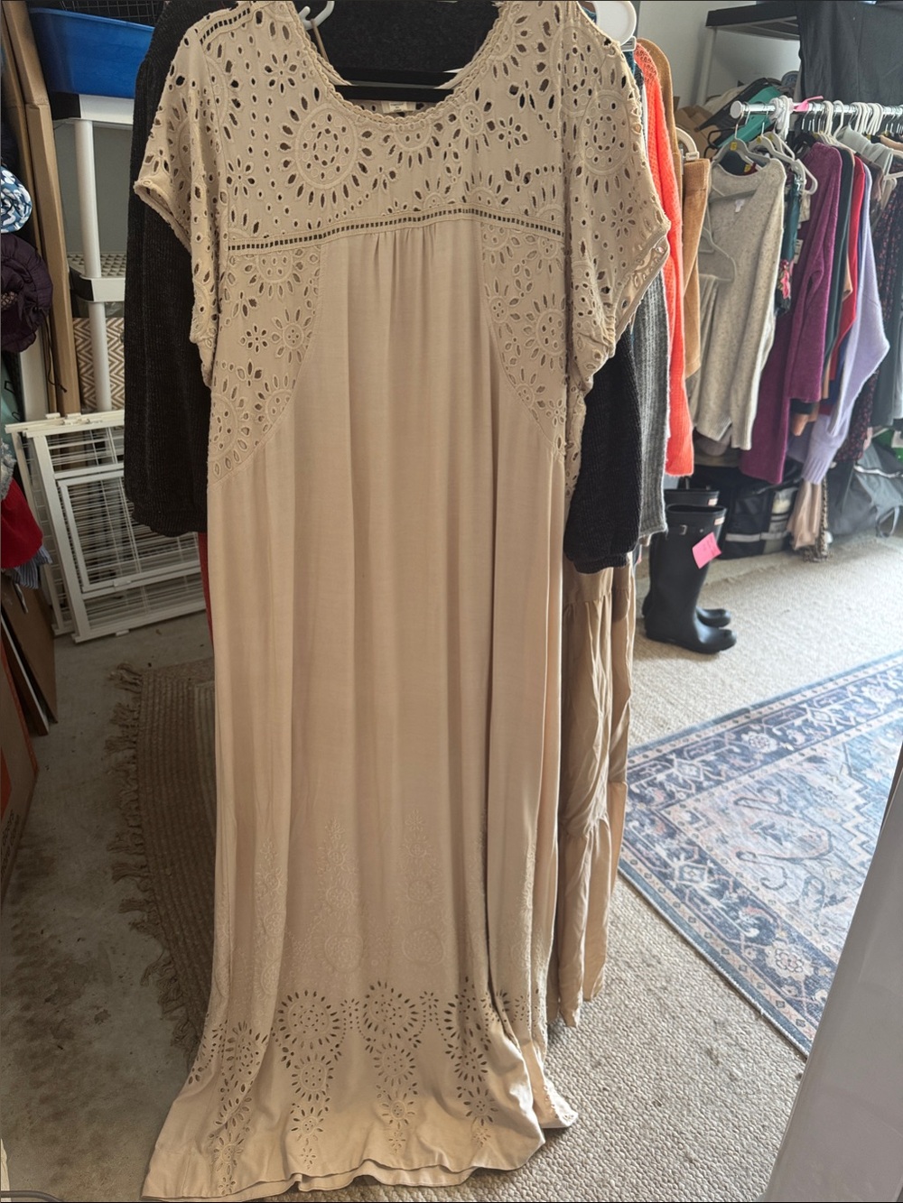 Boho Eyelet Maxi Dress in Beige- NWOT - XL